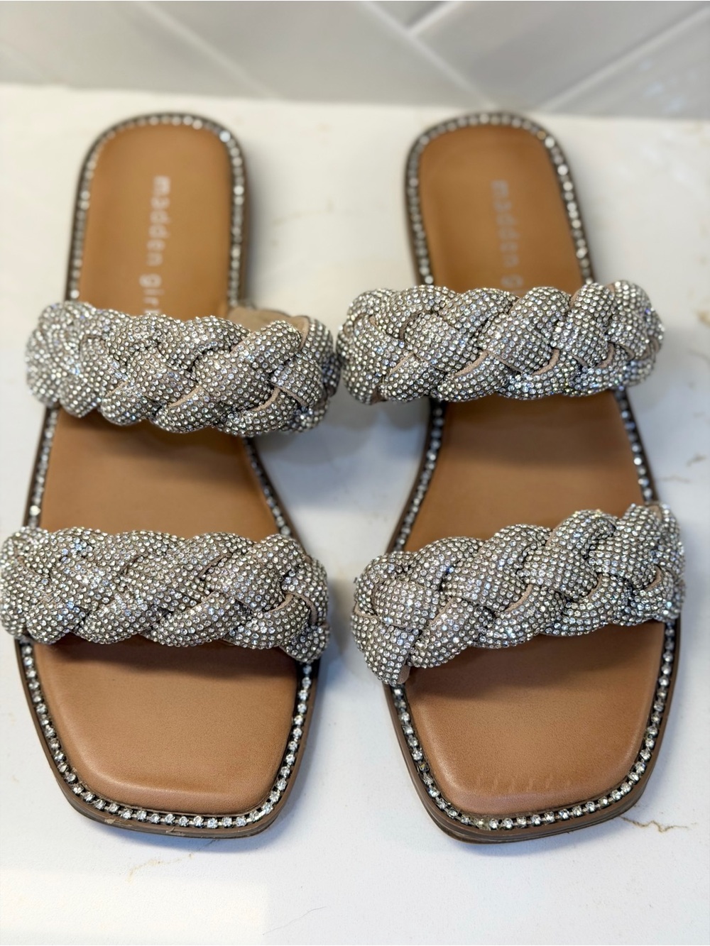 Madden Girl Silver Braided Crystal Double-Strap Slides